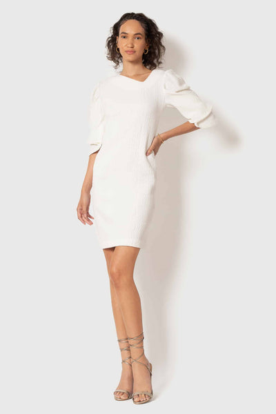 Front View of Ivory Cable Knit Fabric Fan Sleeve Knee Length Dress showcasing Asymmetrical neckline