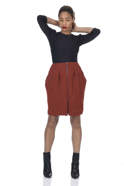 Burnt Orange 2-Way Zipper Front Cable Knit Skirt - Front View