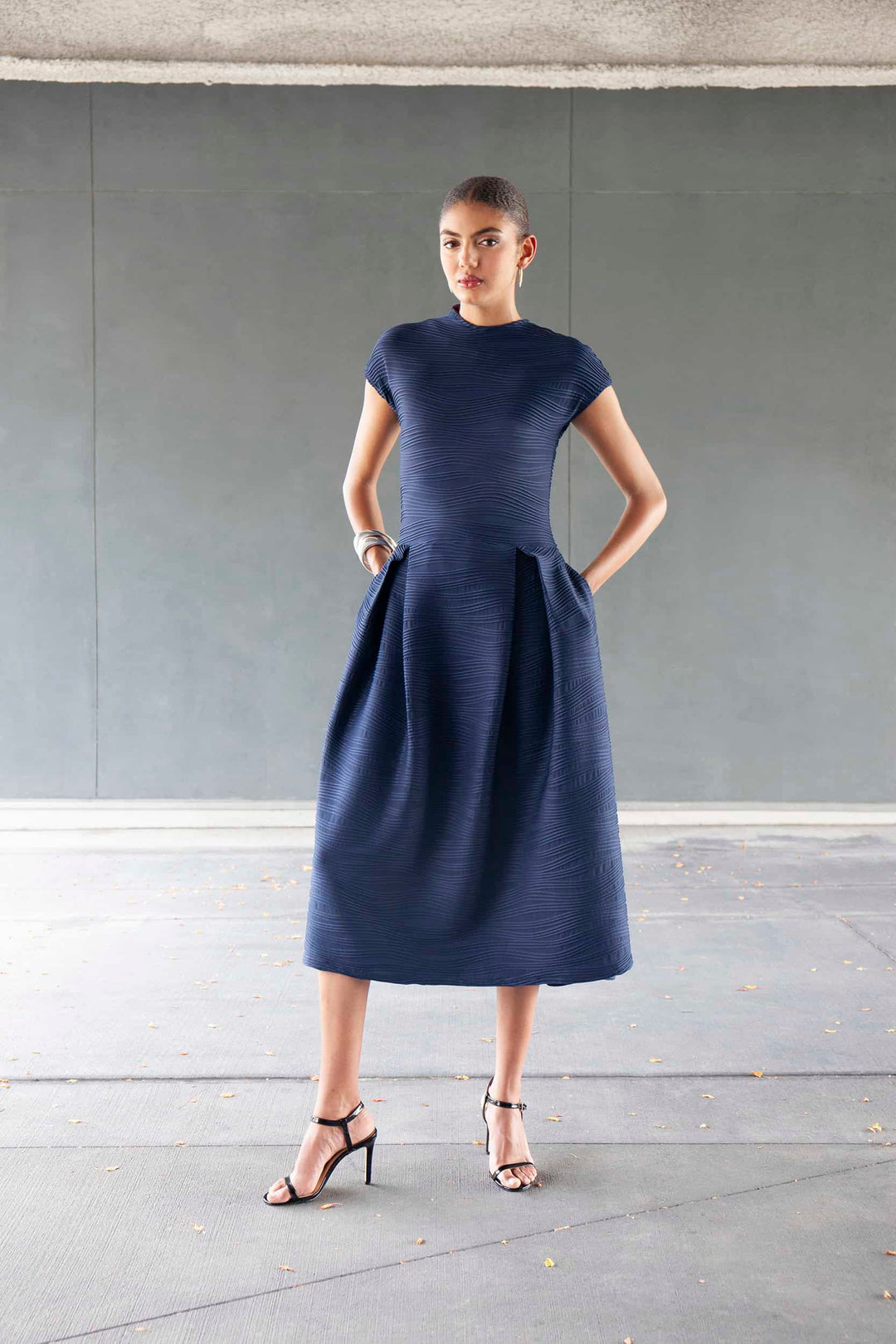Terese Sydonna Navy Cap Sleeve Conwave Knit Hourglass Midi Dress, front view