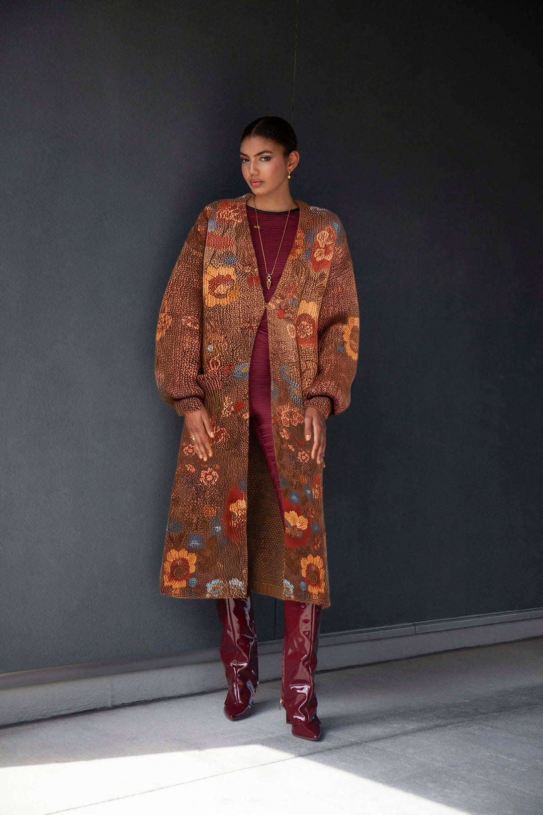 Terese Sydonna Eternal Blossom Print Big Pocket Chunky Sweater Knit Cardigan, front view