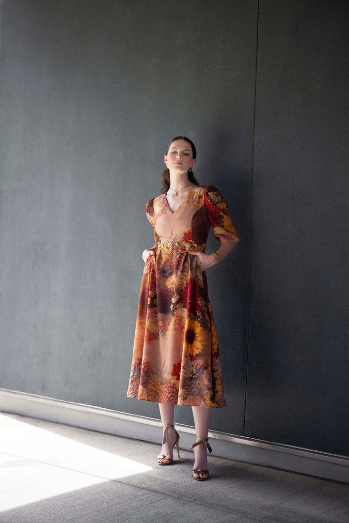 Terese Sydonna Eternal Blossom Print Pleated Fan Sleeve Tea Length Dress, front view