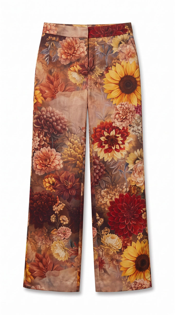 Wide-leg trousers featuring a dense floral print with sunflowers, dahlias, and other autumnal flowers in warm tones of red, yellow, orange, and brown on a beige background.