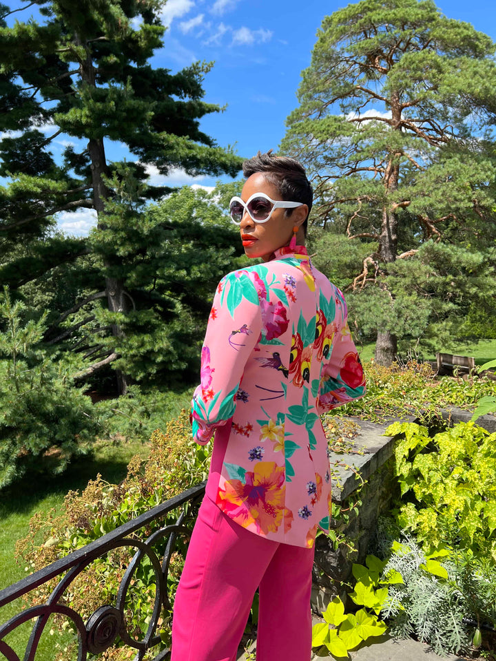 Raspberry Ackee Print Combo Neoprene Tuxedo Jacket - back view