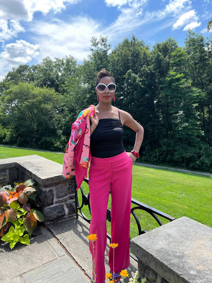 Raspberry Ackee Print Combo Neoprene Tuxedo Jacket - front view 4