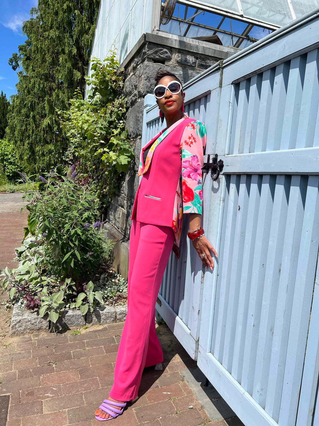 Raspberry Ackee Print Combo Neoprene Tuxedo Jacket - left view