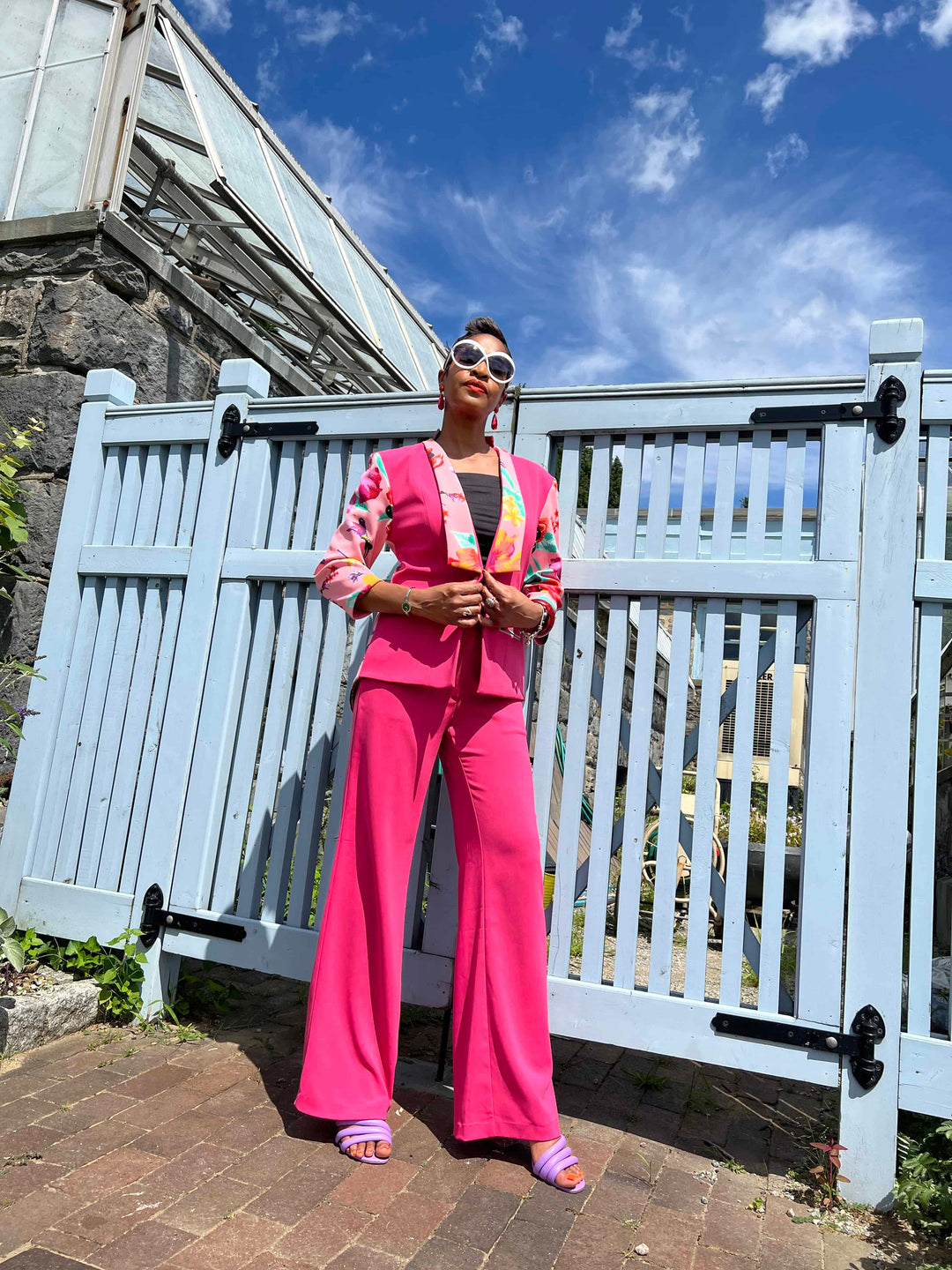 Raspberry Ackee Print Combo Neoprene Tuxedo Jacket - front view 3