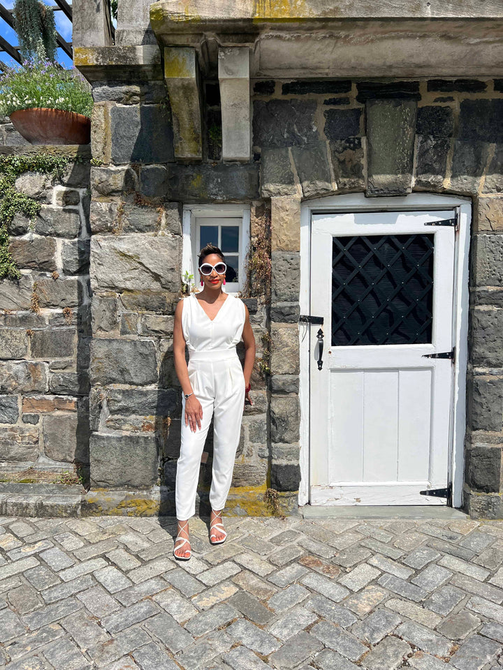 MADE TO ORDER: Origami Banded Stretch Crepe Jumpsuit - white suit front view 4