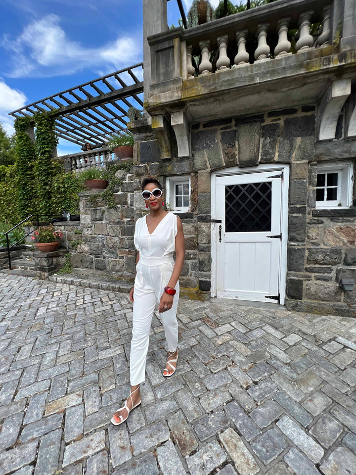 MADE TO ORDER: Origami Banded Stretch Crepe Jumpsuit - white suit front view 1