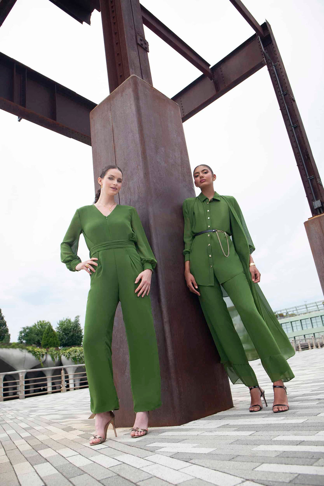 Terese Sydonna Olive Long Sleeve Origami Banded Jumpsuit, group view