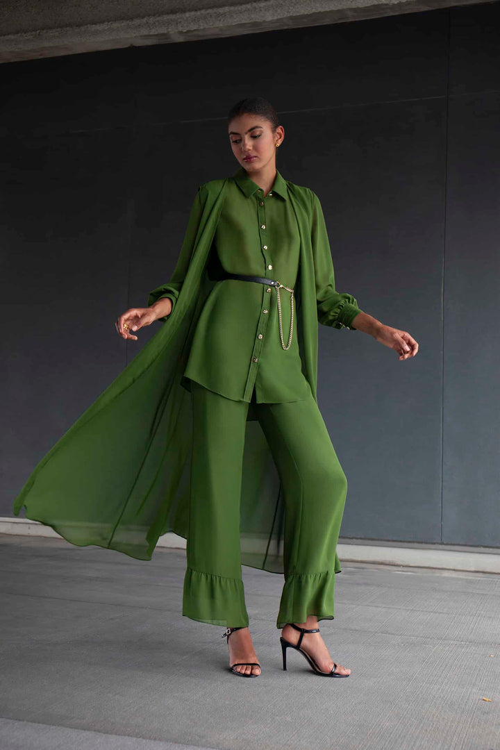 Terese Sydonna Olive Ruffle Wide Leg Pant, front 2 view