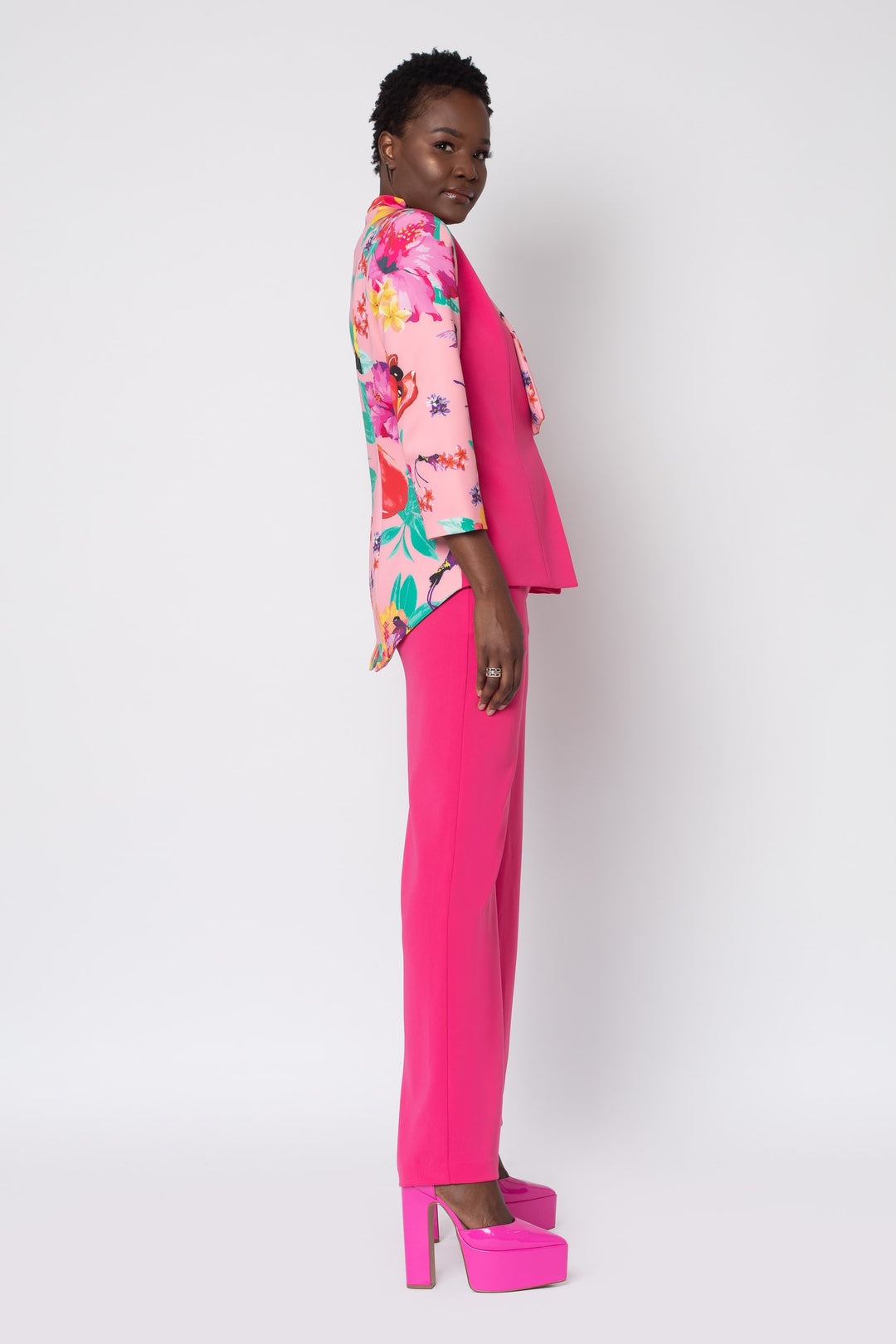 Raspberry Ackee Print Combo Neoprene Tuxedo Jacket - right view