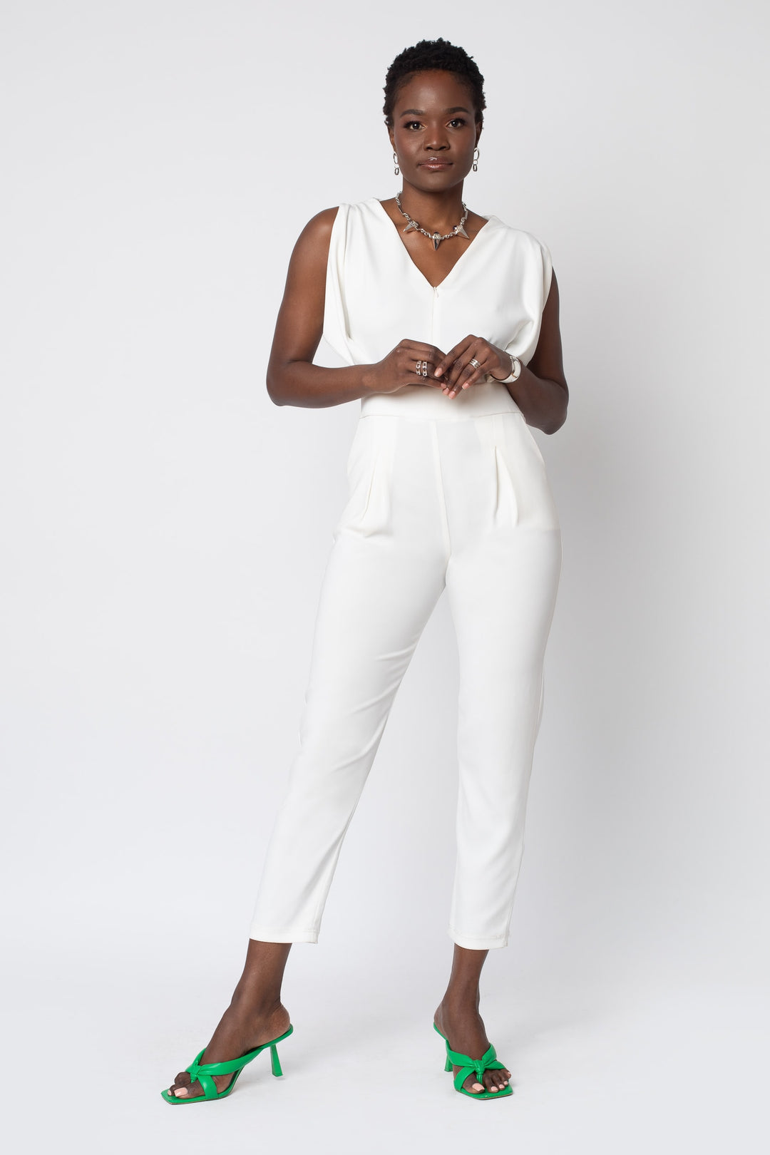 MADE TO ORDER: Origami Banded Stretch Crepe Jumpsuit - white suit front view 2