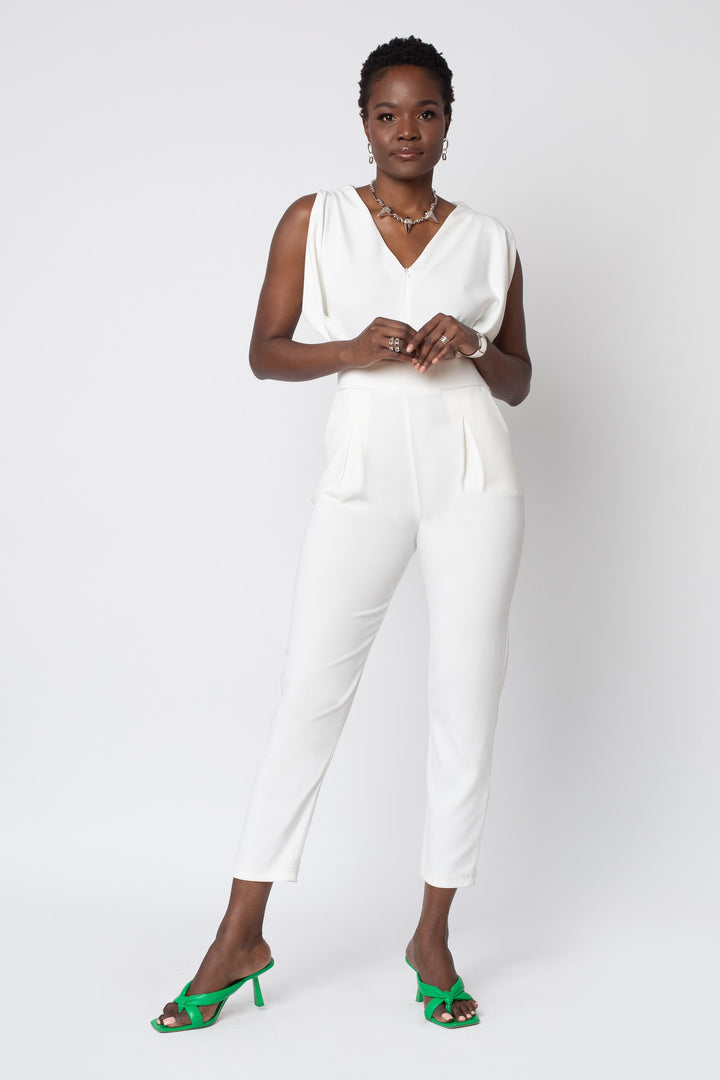 MADE TO ORDER: Origami Banded Stretch Crepe Jumpsuit - white suit front view 2