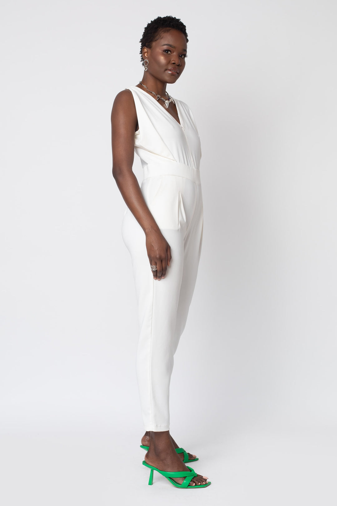 MADE TO ORDER: Origami Banded Stretch Crepe Jumpsuit - white suit right view 1