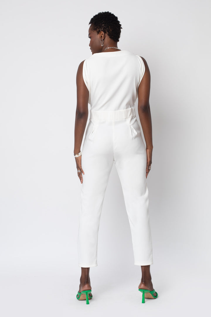 MADE TO ORDER: Origami Banded Stretch Crepe Jumpsuit - white suit back  view 1