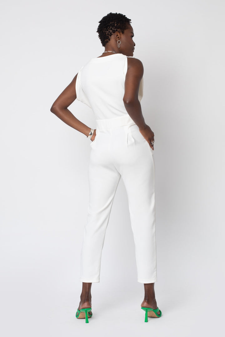 MADE TO ORDER: Origami Banded Stretch Crepe Jumpsuit - white suit back view 