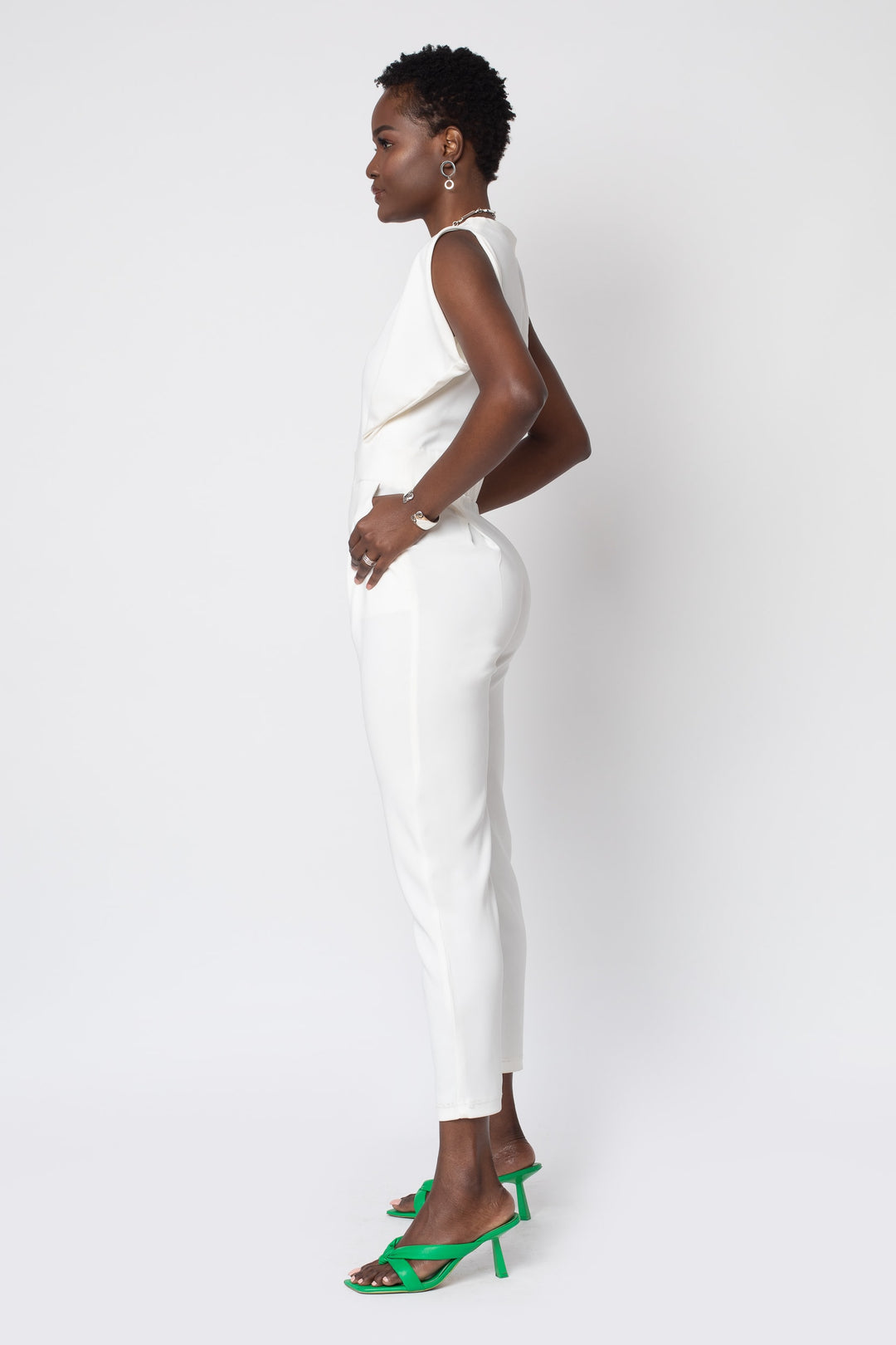 MADE TO ORDER: Origami Banded Stretch Crepe Jumpsuit - white suit - left view 1