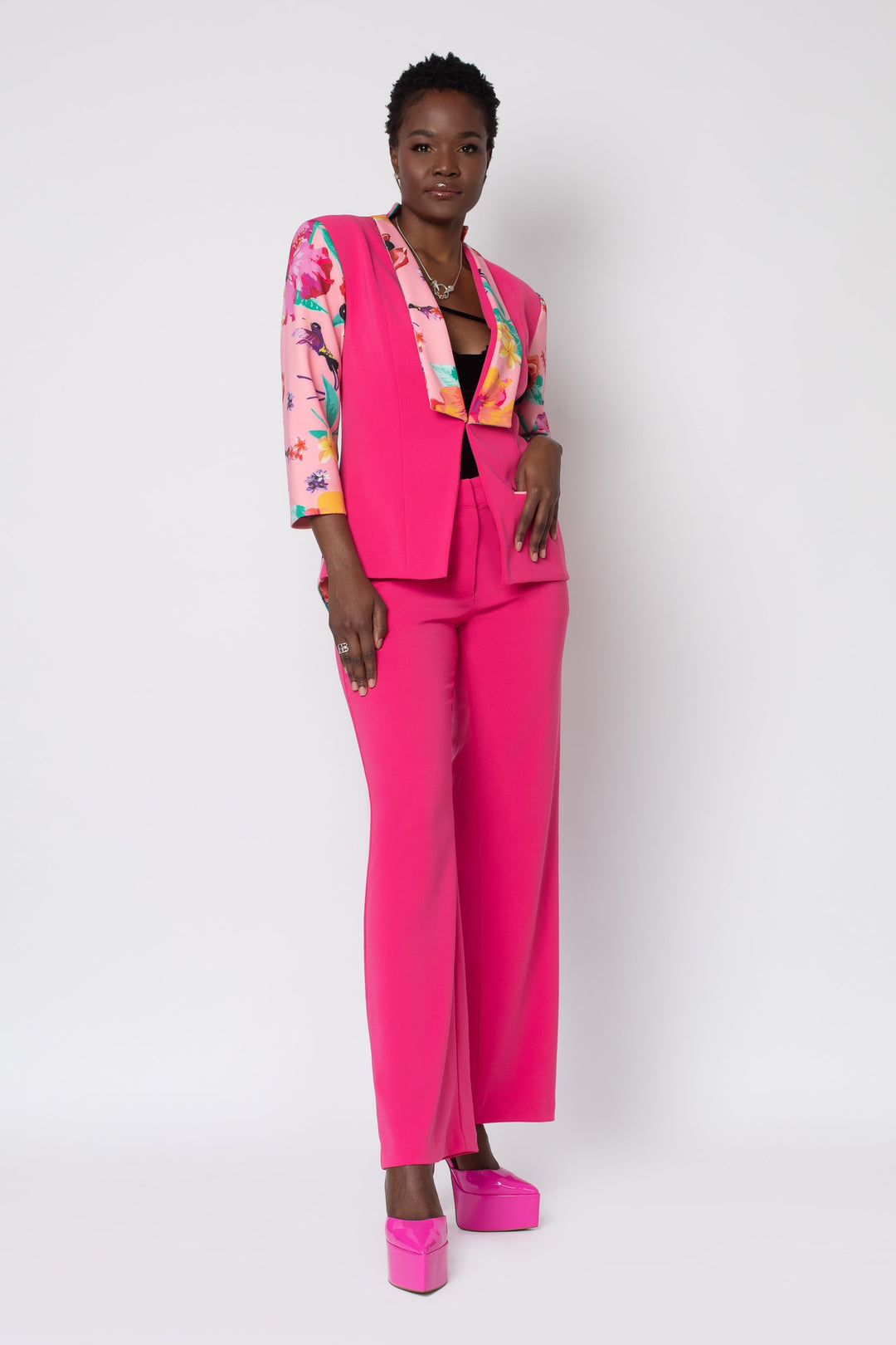 Raspberry Ackee Print Combo Neoprene Tuxedo Jacket - right view 2