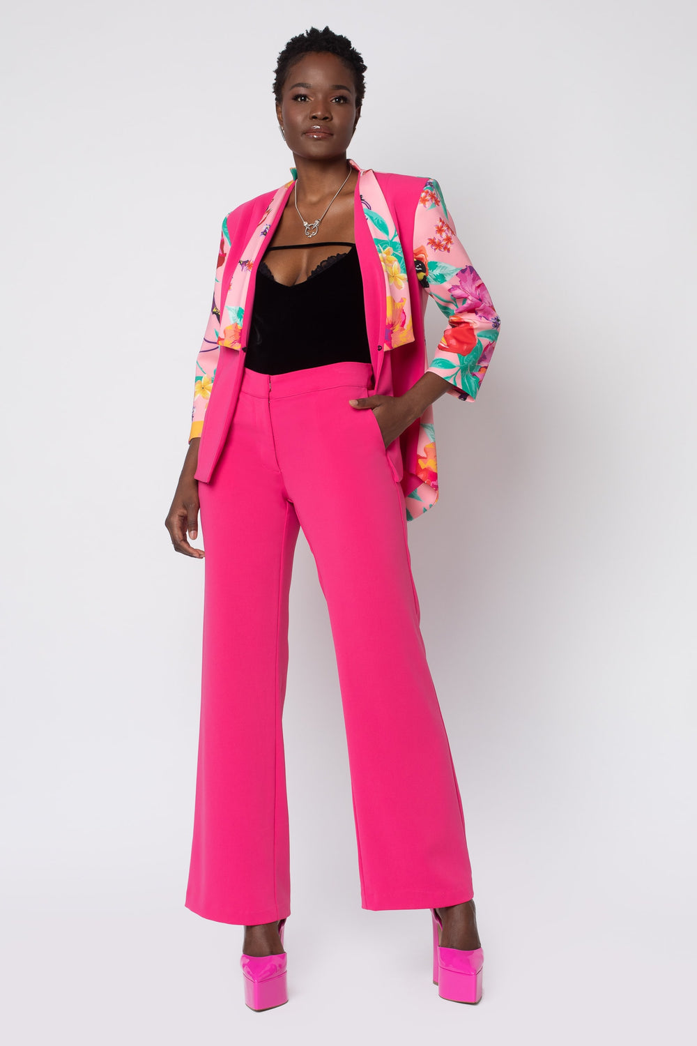Raspberry Ackee Print Combo Neoprene Tuxedo Jacket - front view 2