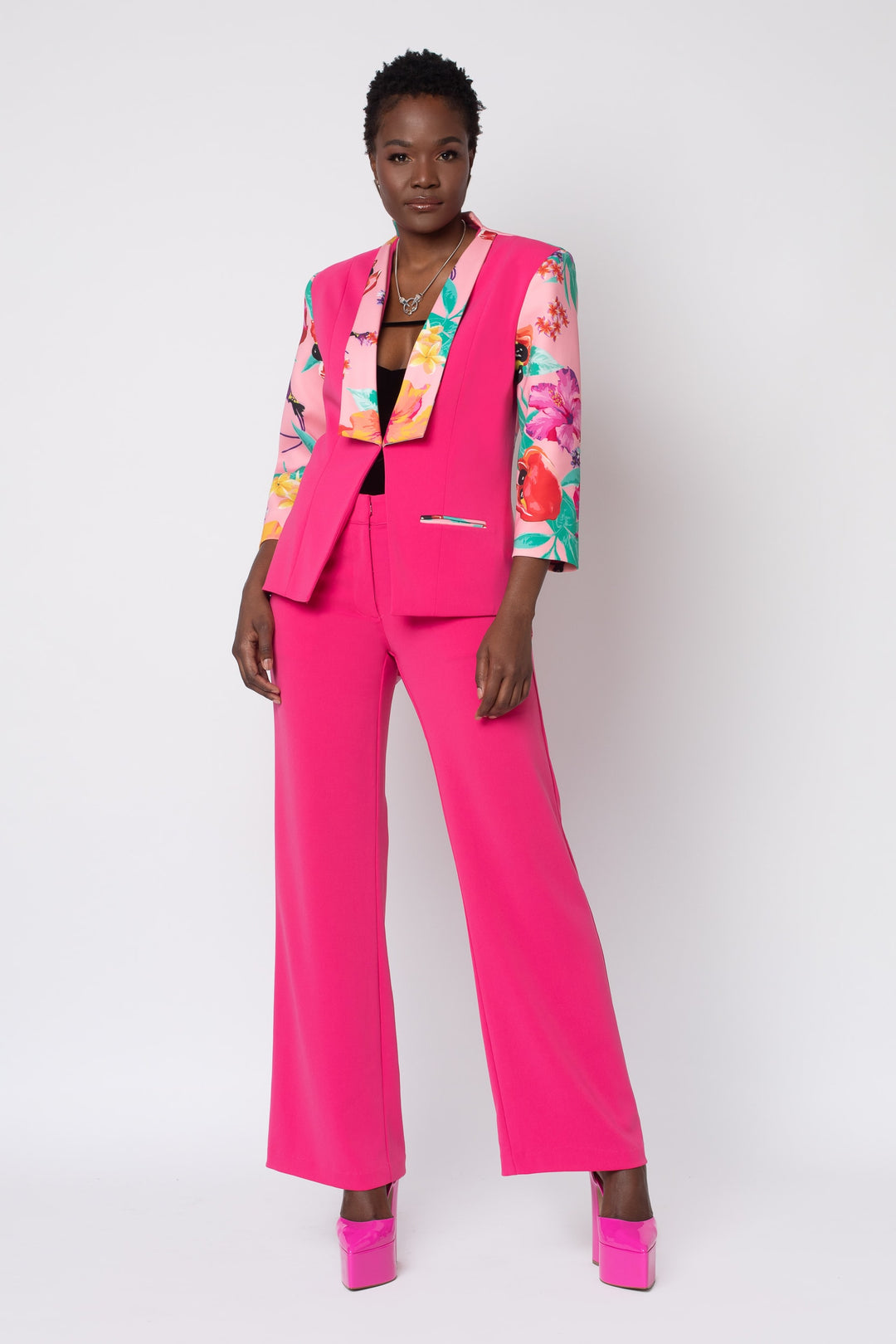 Raspberry Ackee Print Combo Neoprene Tuxedo Jacket - front view