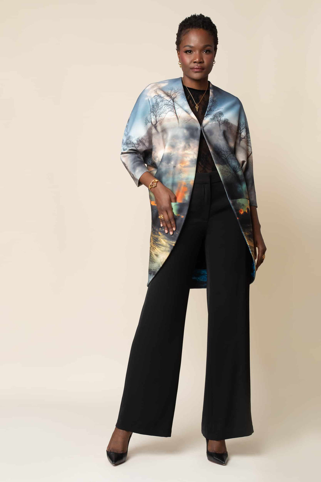 Chaos Print Big Pocket Neoprene Kimono - front view 3