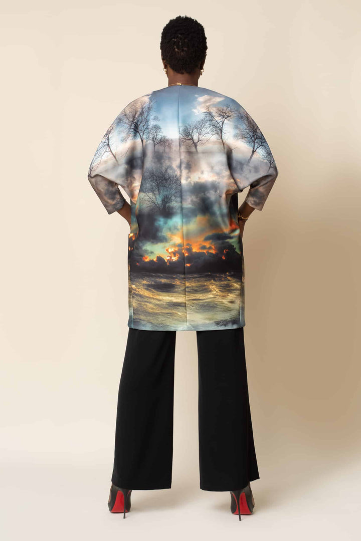 Full Back View of Chaos Print Kimono Shocasing hands in Big Pockets on the Side Front, Roomy Sleeves and Relaxed A Line Fit