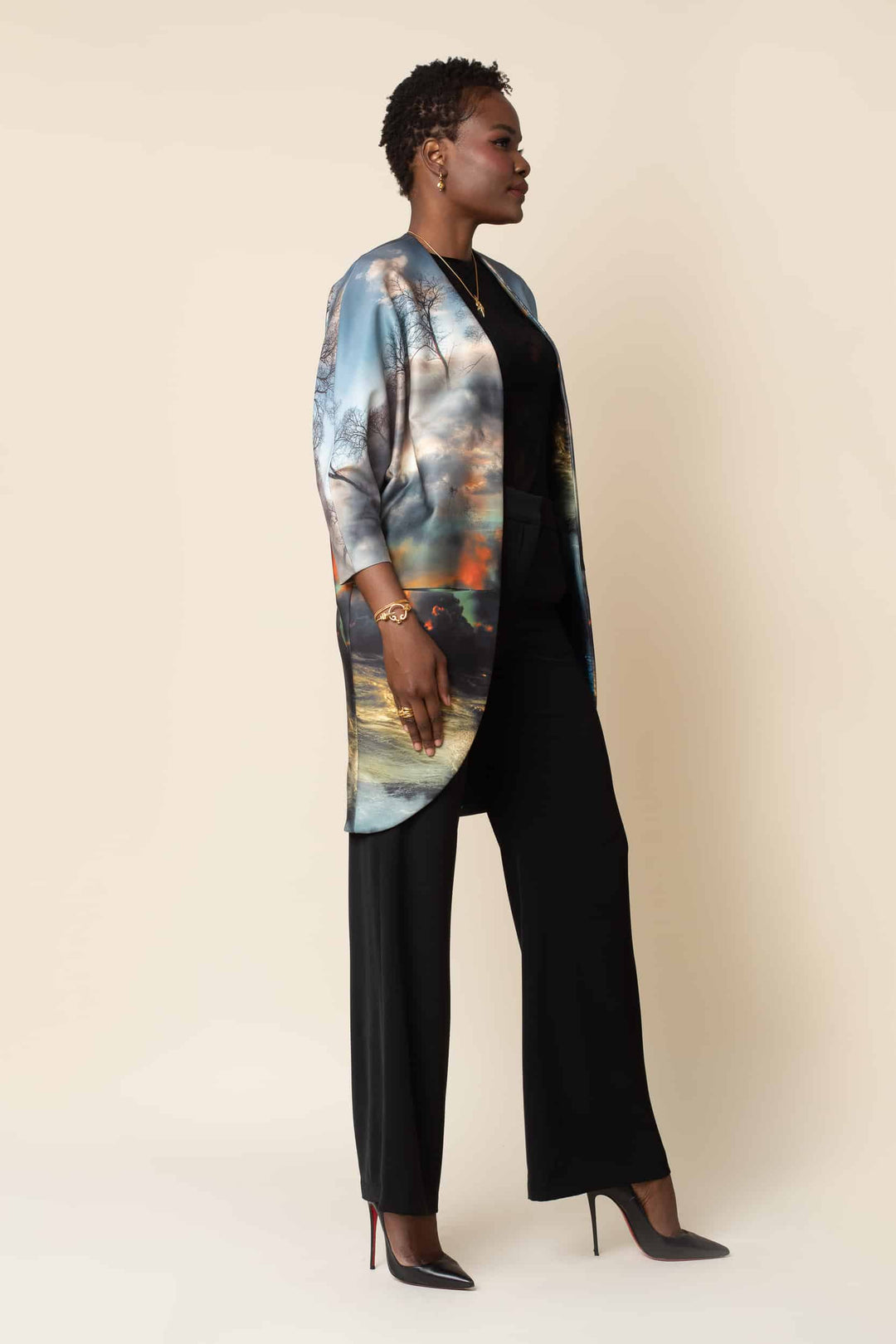 Chaos print Kimono Side Profile View Layered on top of Black Wide Leg Pant