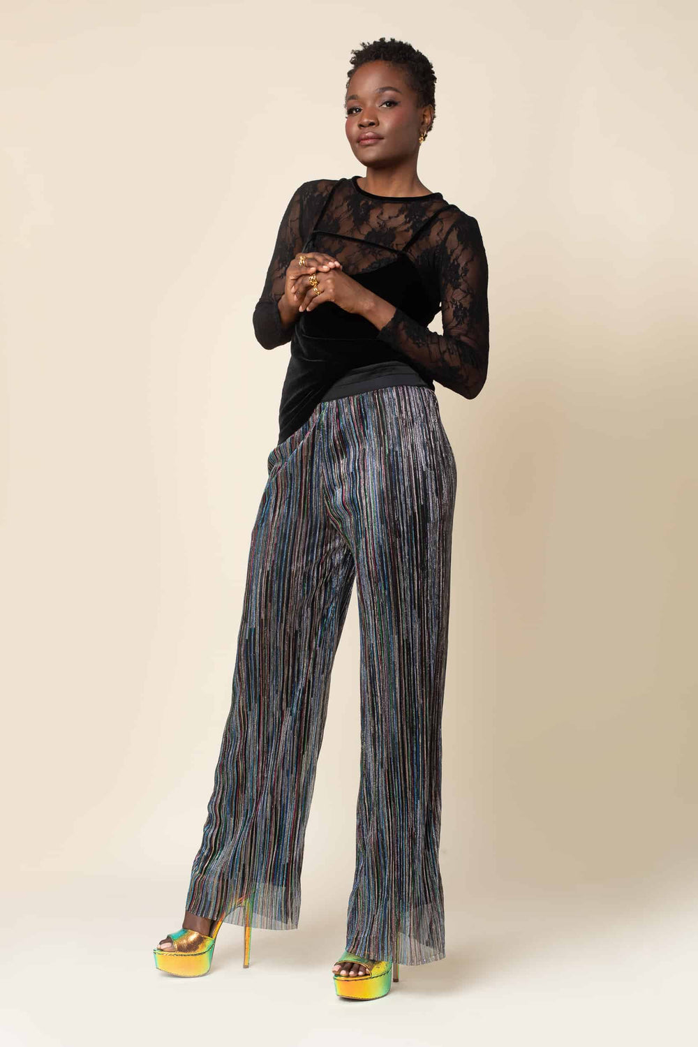 Rainbow Shimmer Pleated Wide Leg Tuxedo Pant - Wide Leg Pant worn over view
