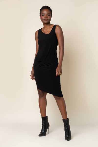 Elegant Black Dress with Asymmetrical Diagonal Neck and Hemline. Flattering Front Drape Across Midriff. Highly Stretchable and Machine Washable