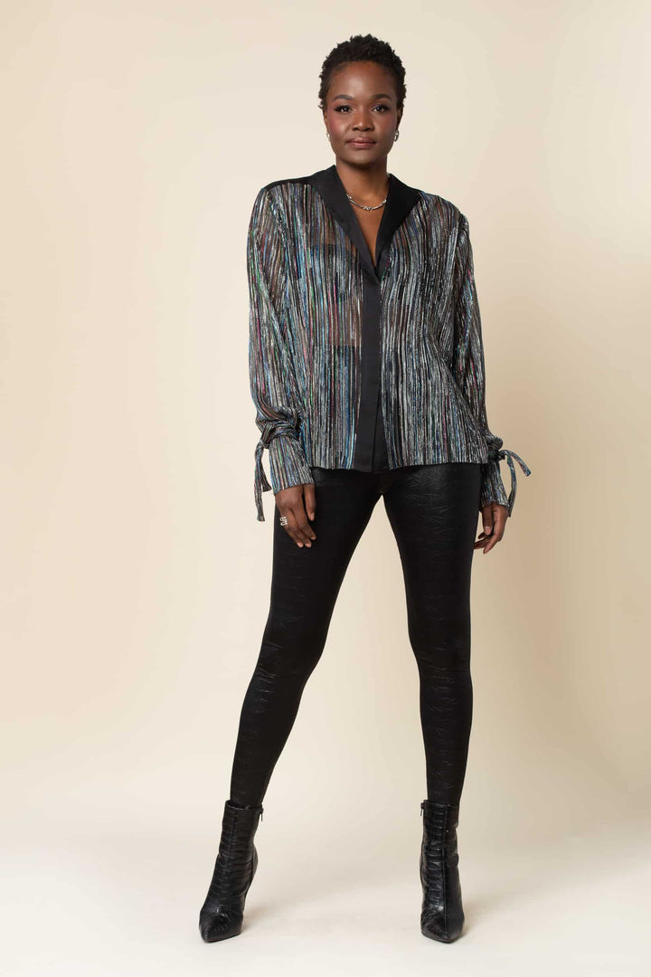 Rainbow Shimmer Pleated Tie Sleeve Tuxedo Top - front view