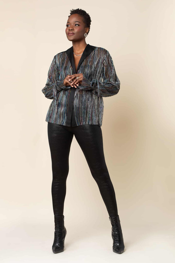 Rainbow Shimmer Pleated Tie Sleeve Tuxedo Top - front view 2