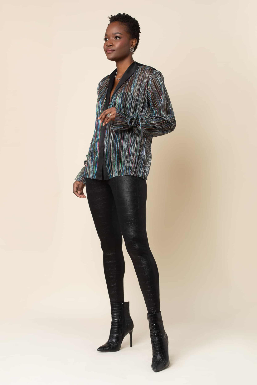 Rainbow Shimmer Pleated Tie Sleeve Tuxedo Top - left view 2