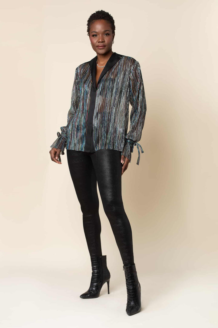 Rainbow Shimmer Pleated Tie Sleeve Tuxedo Top - front view 4