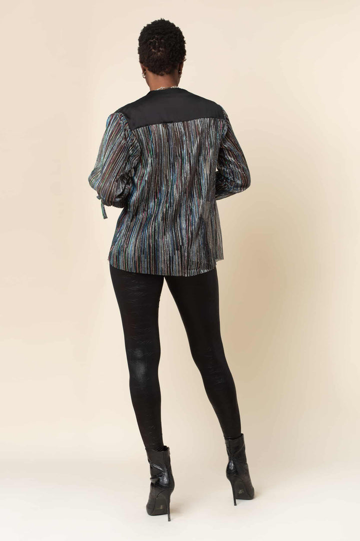 Rainbow Shimmer Pleated Tie Sleeve Tuxedo Top - back view