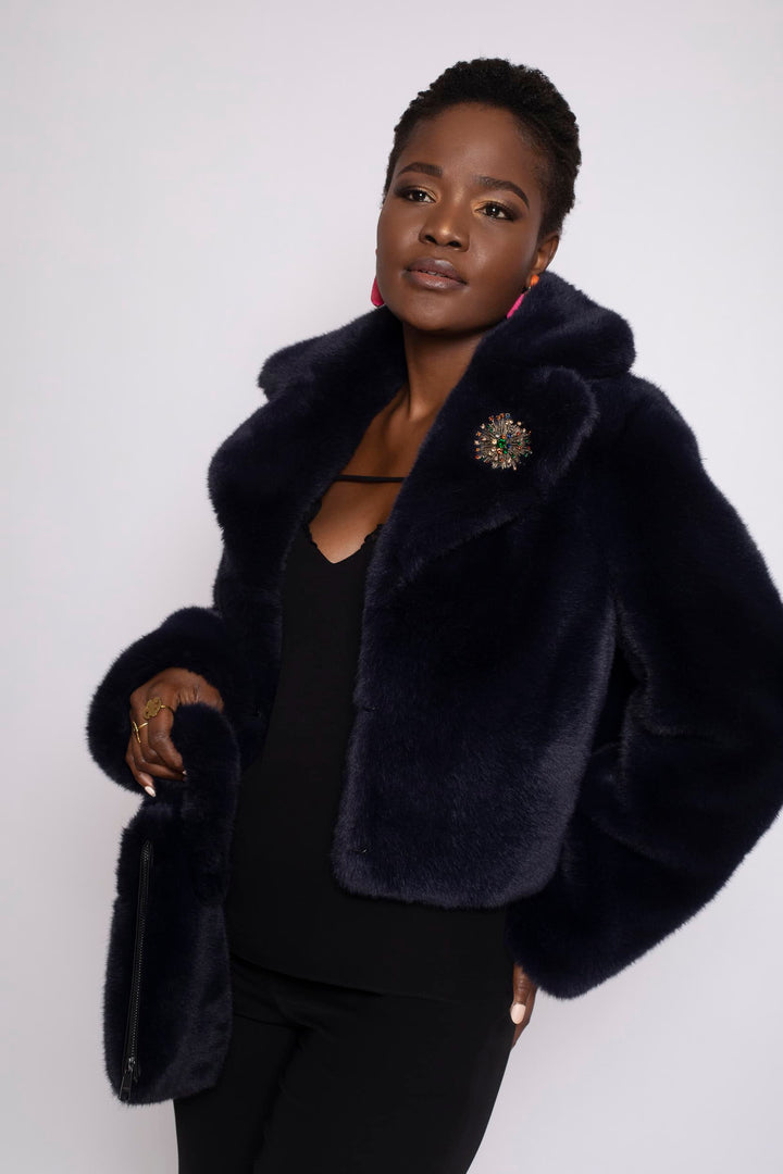 Navy Faux Fur Cropped Jacket - front close up