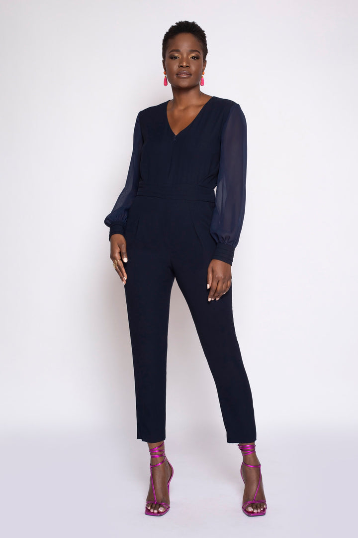 Long Sleeve Origami Banded Stretch Crepe Jumpsuit - front