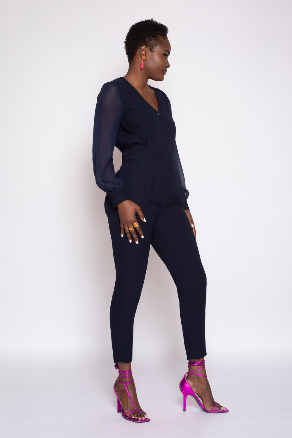 Long Sleeve Origami Banded Stretch Crepe Jumpsuit - side