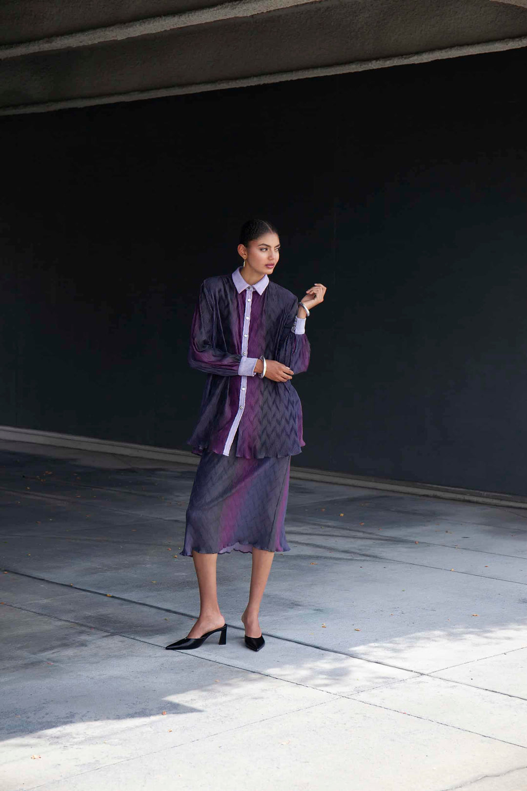 Terese Sydonna Wine &amp; Navy Stripe Pleated Pull On Skirt, front view