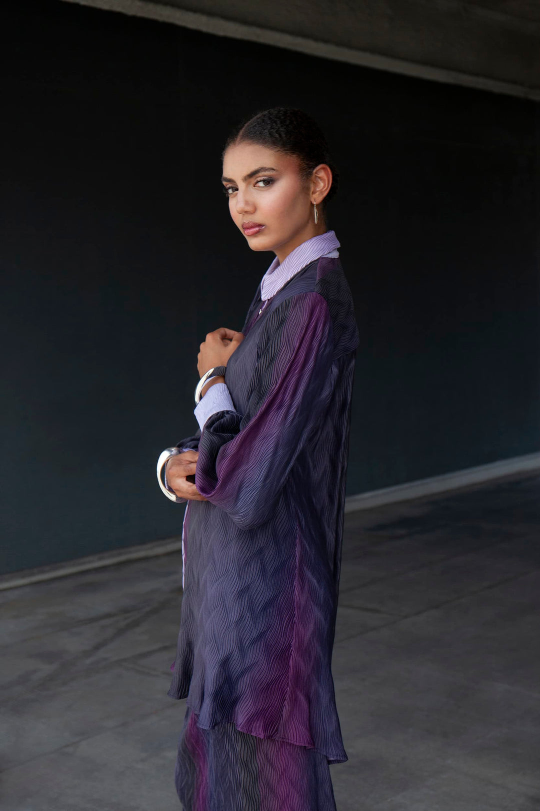 Terese Sydonna Wine &amp; Navy Stripe Pleated Tuxedo Button Up Top, side view