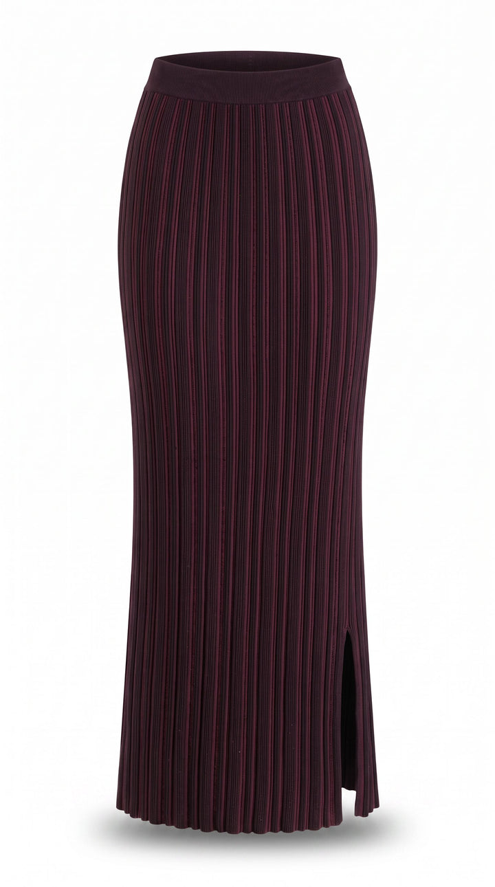 PRE-ORDER: Wine &amp; Navy Stripe Pull-On Maxi Side Slit Skirt