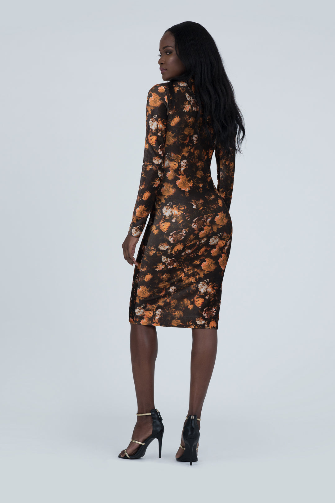 Lava Print Mock Neck Stretch Velvet Bodycon Dress - back view