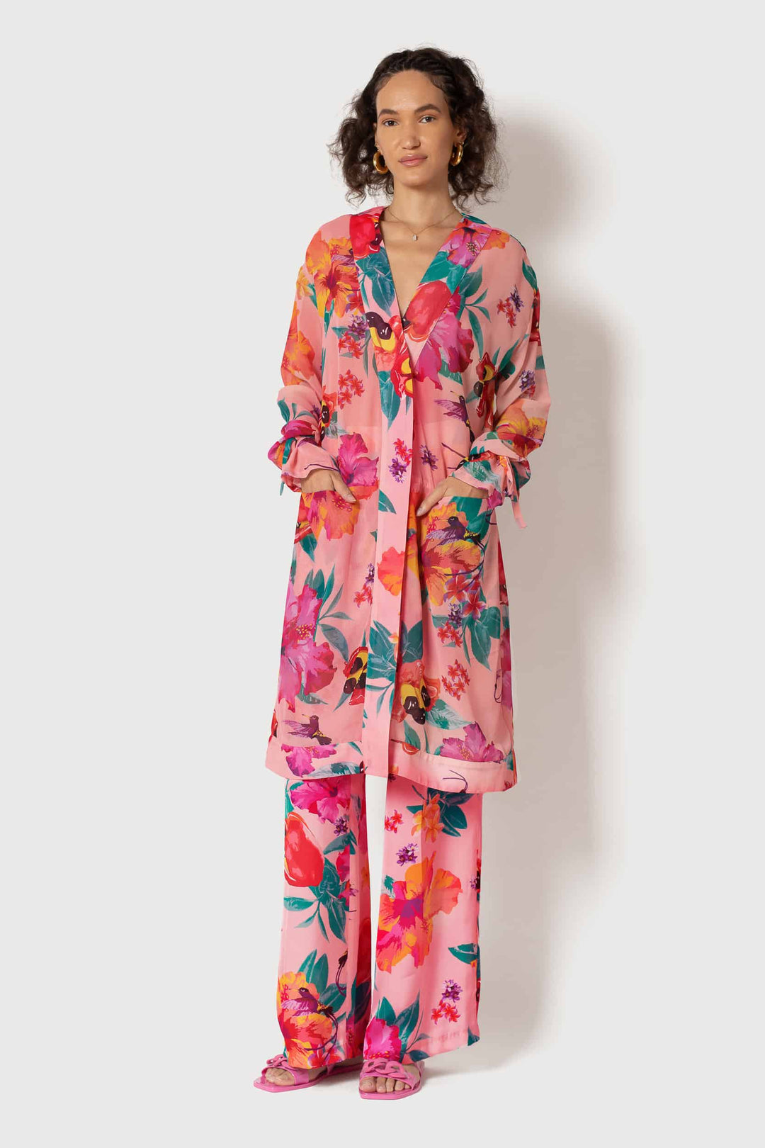 Ackee Print Tie Sleeve Chiffon Painter's Robe - front view