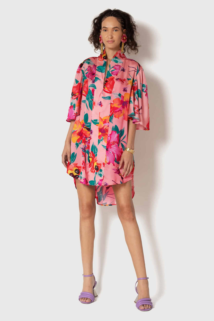 ACKEE PRINT FAN SLEEVE DRESS - front view