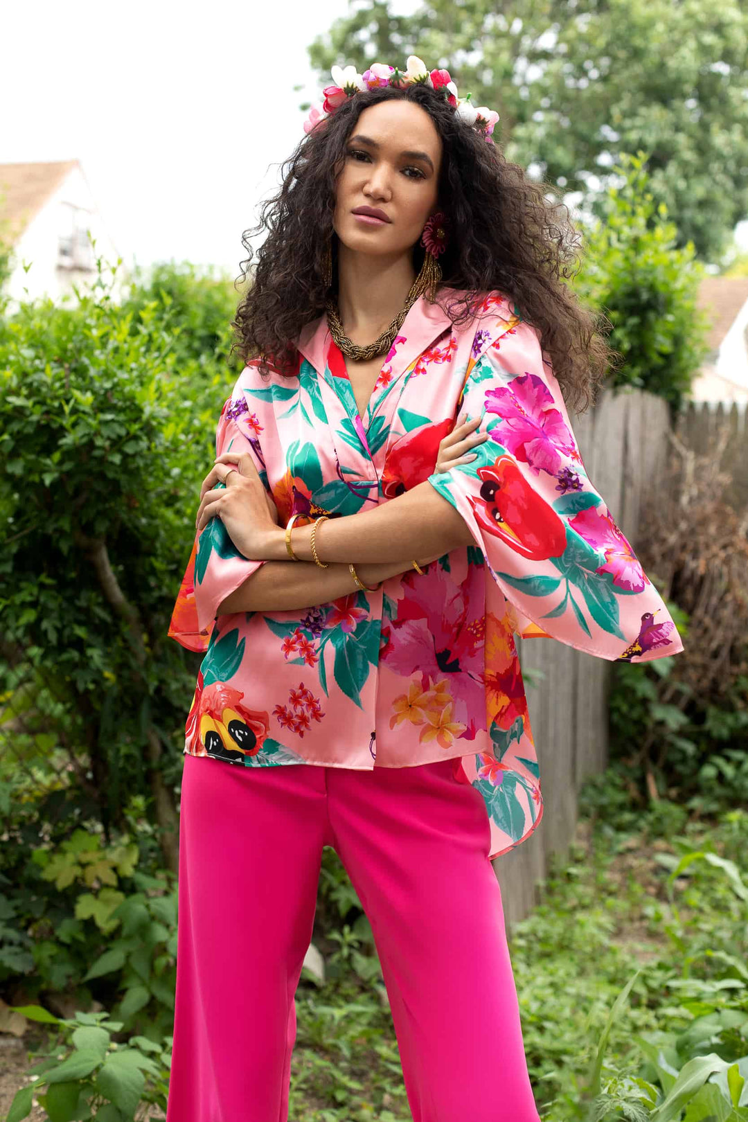 MADE TO ORDER: Ackee Print Fan Sleeve Top - front view 2