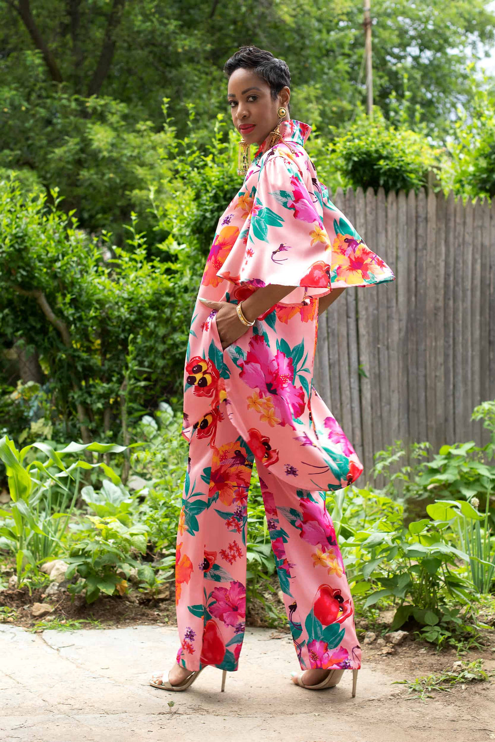 ACKEE PRINT FAN SLEEVE DRESS - left view