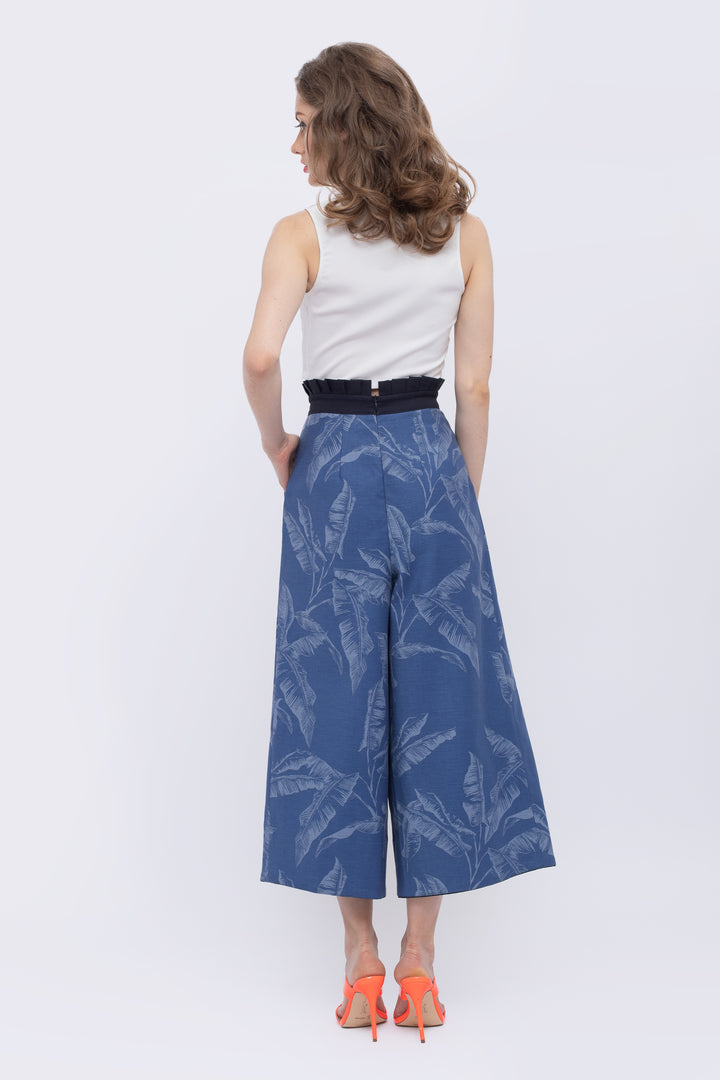 Bayou Palms Print Denim Paperbag Waist Pant - back view