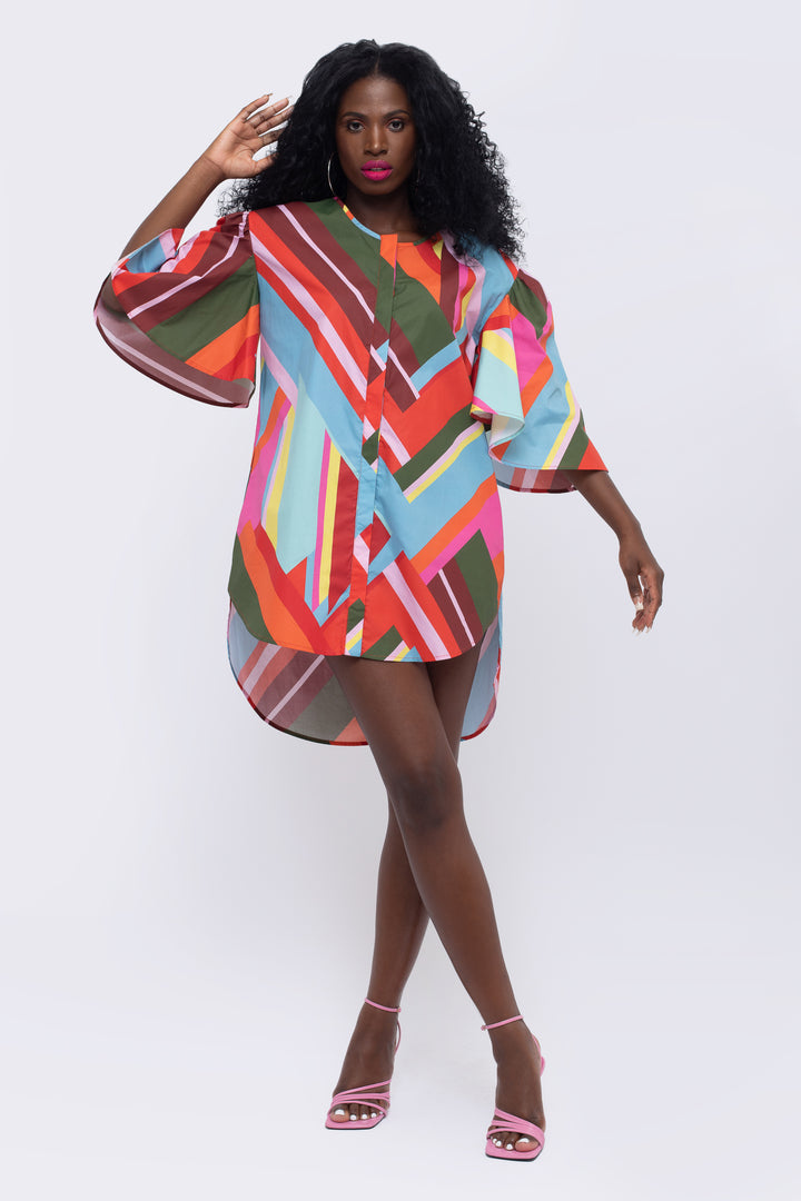 Paradise Geometric Print Fan Sleeve Dress - front view