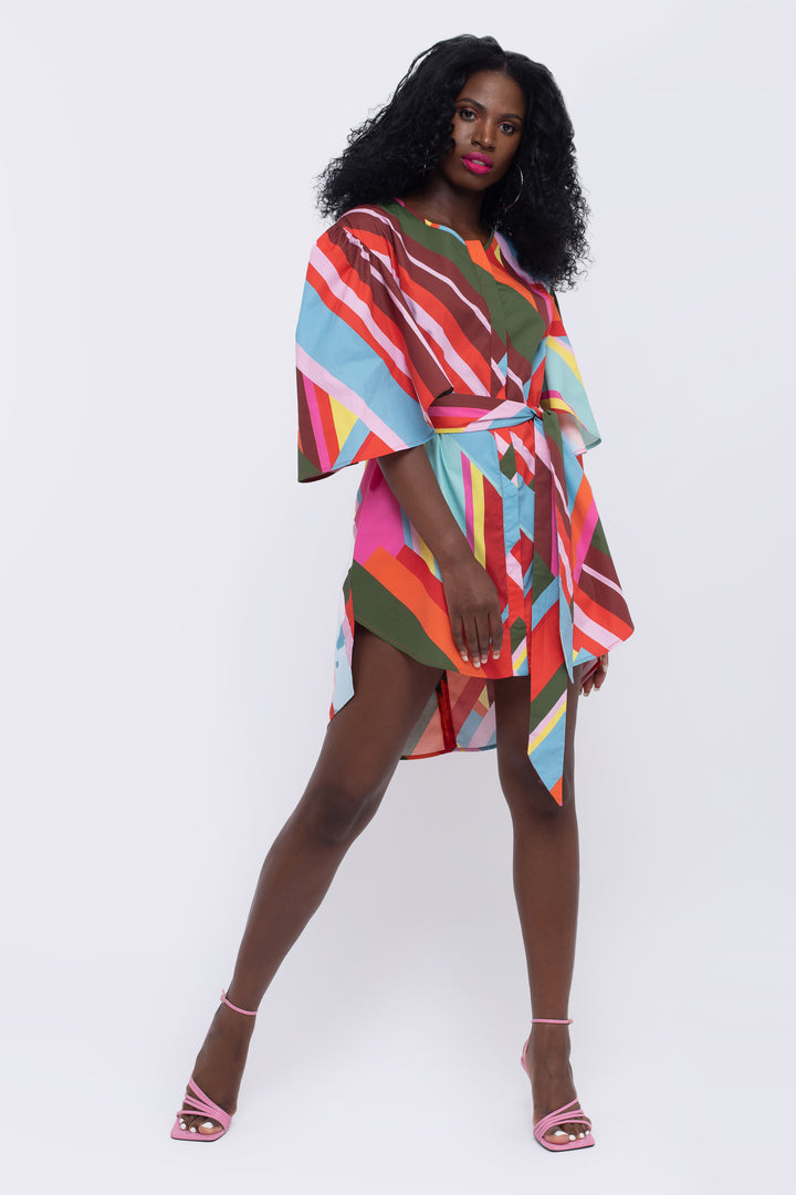 Paradise Geometric Print Fan Sleeve Dress - front view 4