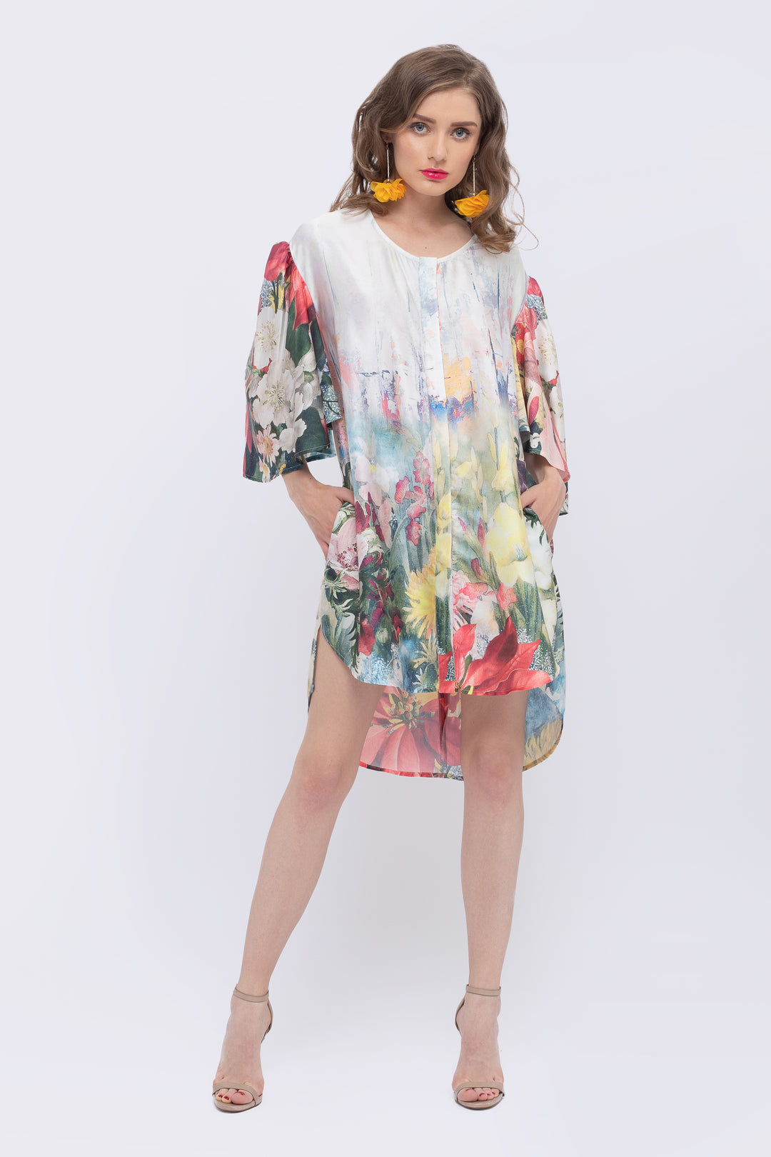 Magnolia Floral Print Fan Sleeve Dress - front view