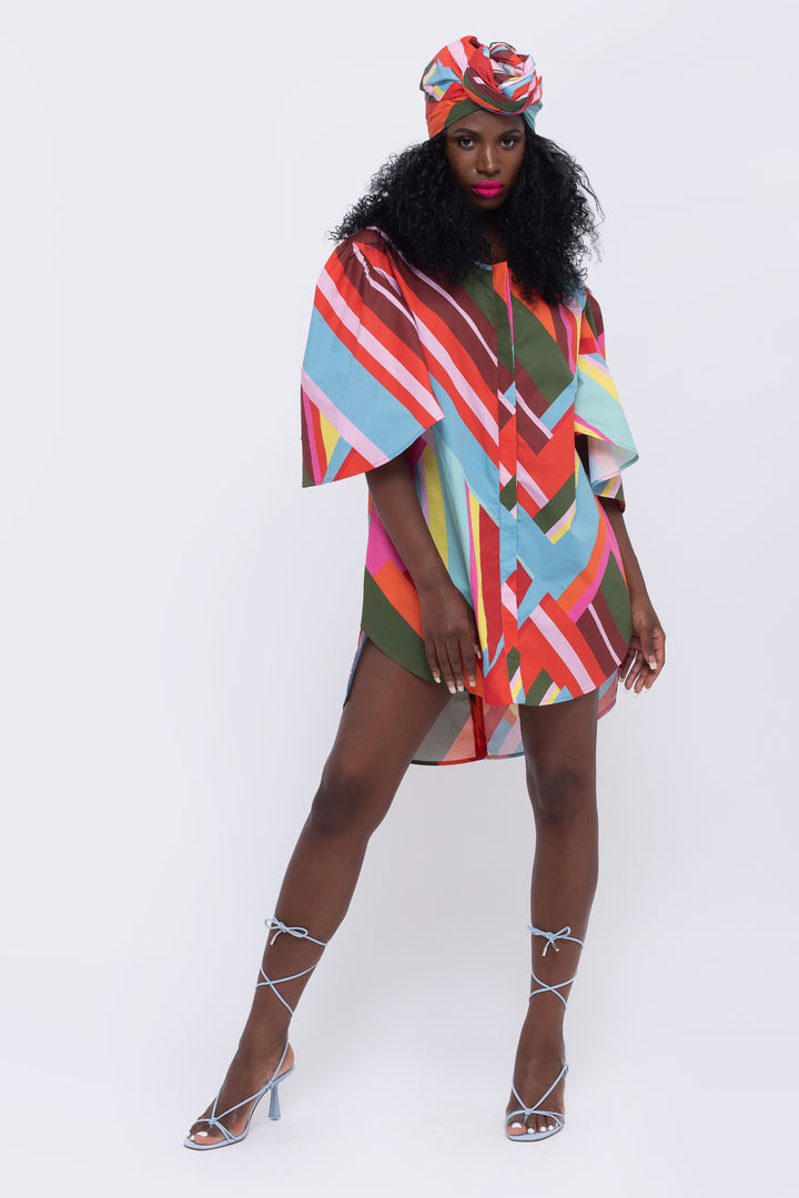 Paradise Geometric Print Fan Sleeve Dress - front view 5
